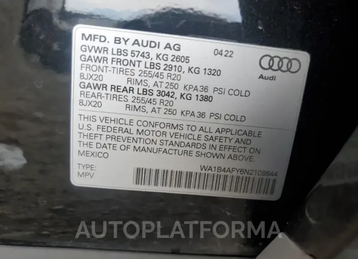 AUDI SQ5 PREMIU 2022 vin WA1B4AFY6N2109844 from auto auction Copart