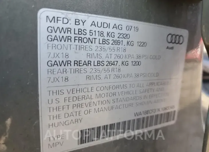 AUDI Q3 PREMIUM 2019 vin WA1BECF31K1083345 from auto auction Copart