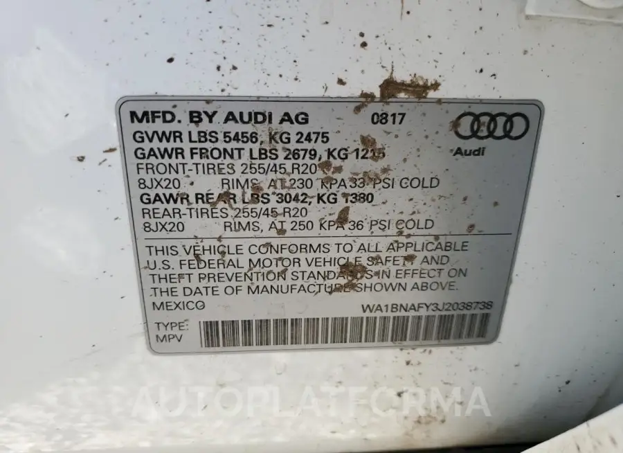 AUDI Q5 PREMIUM 2018 vin WA1BNAFY3J2038738 from auto auction Copart