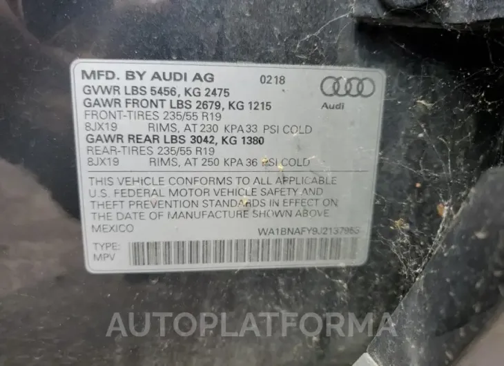 AUDI Q5 QUATTRO 2018 vin WA1BNAFY9J2137953 from auto auction Copart