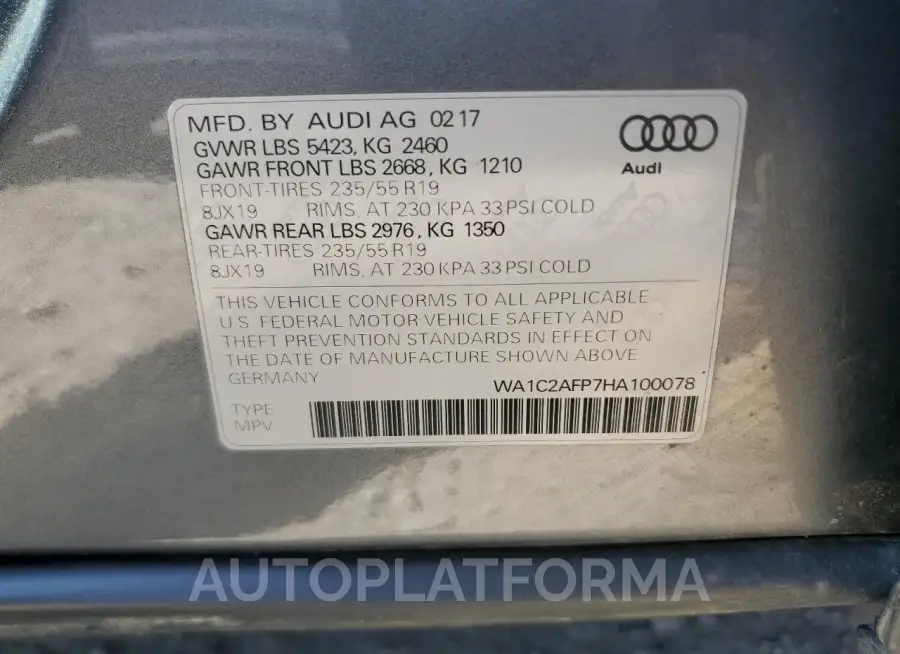 AUDI Q5 PREMIUM 2017 vin WA1C2AFP7HA100078 from auto auction Copart