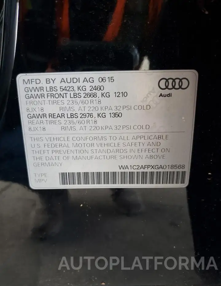 AUDI Q5 PREMIUM 2016 vin WA1C2AFPXGA018568 from auto auction Copart