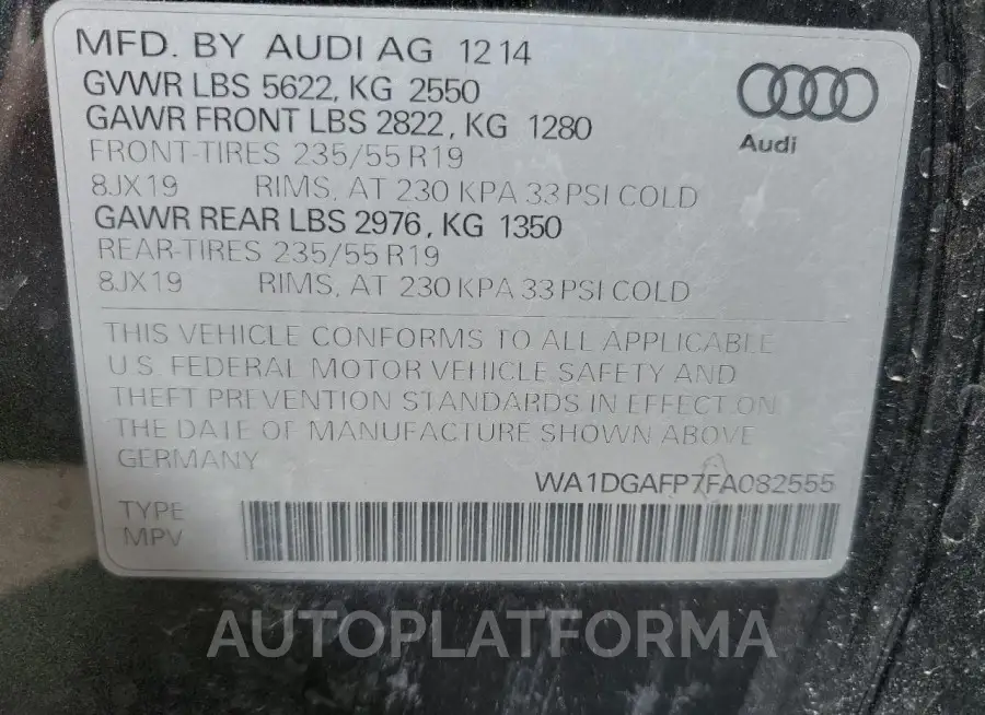 AUDI Q5 PREMIUM 2015 vin WA1DGAFP7FA082555 from auto auction Copart