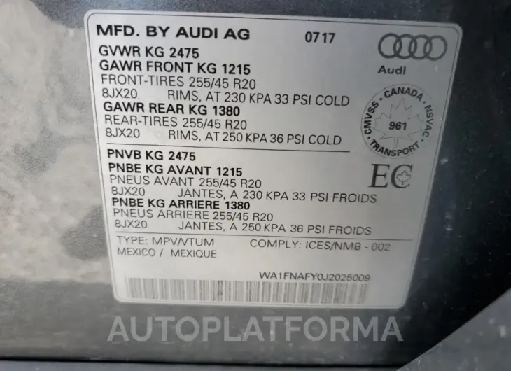 AUDI Q5 TECHNIK 2018 vin WA1FNAFY0J2025009 from auto auction Copart