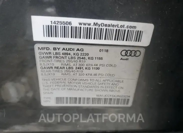 AUDI Q3 PREMIUM 2018 vin WA1JCCFSXJR023234 from auto auction Copart