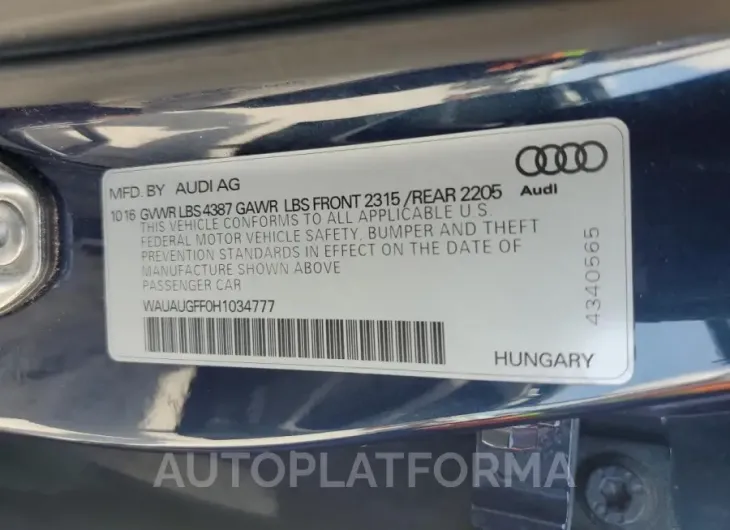 AUDI A3 PREMIUM 2017 vin WAUAUGFF0H1034777 from auto auction Copart