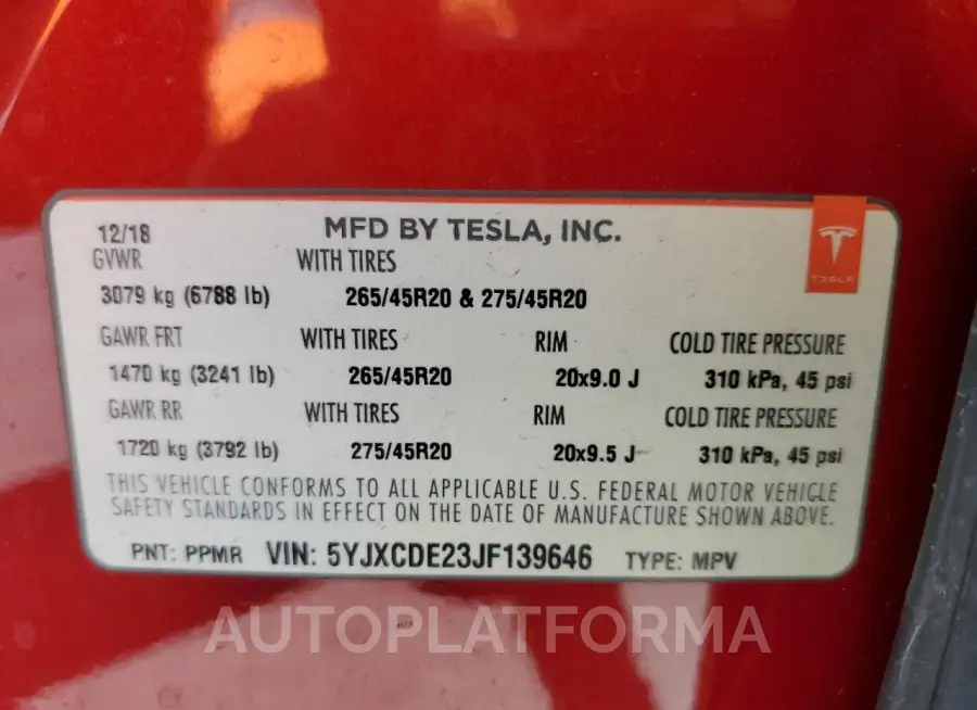 TESLA MODEL X 2018 vin 5YJXCDE23JF139646 from auto auction Copart