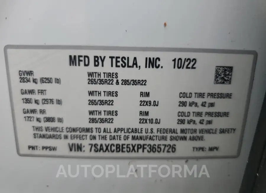 TESLA MODEL X 2023 vin 7SAXCBE5XPF365726 from auto auction Copart