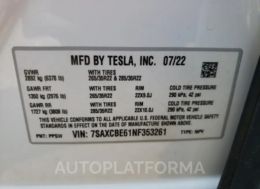 TESLA MODEL X 2022 vin 7SAXCBE61NF353261 from auto auction Copart