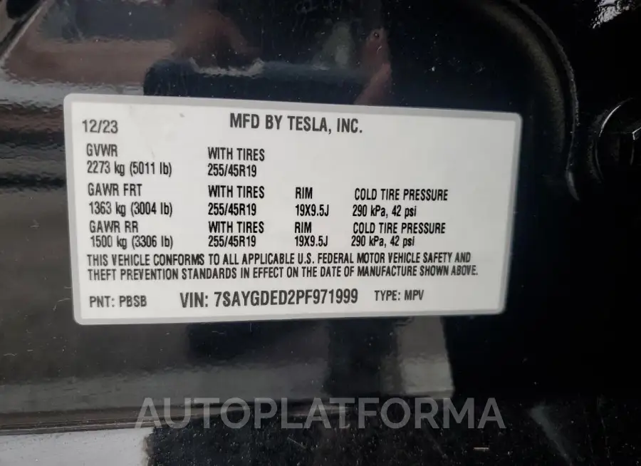 TESLA MODEL Y 2023 vin 7SAYGDED2PF971999 from auto auction Copart