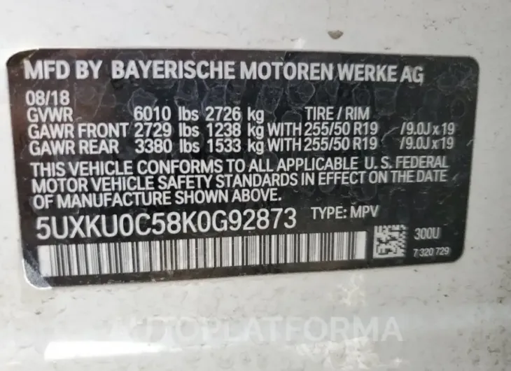 BMW X6 SDRIVE3 2019 vin 5UXKU0C58K0G92873 from auto auction Copart