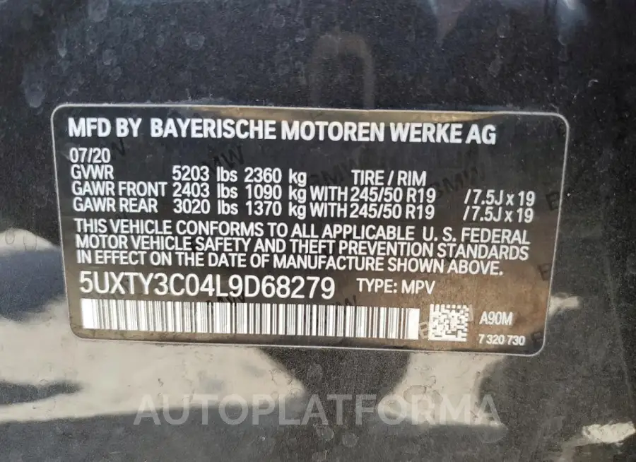 BMW X3 SDRIVE3 2020 vin 5UXTY3C04L9D68279 from auto auction Copart