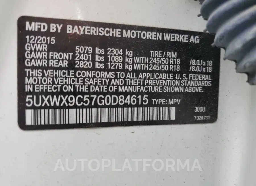 BMW X3 XDRIVE2 2016 vin 5UXWX9C57G0D84615 from auto auction Copart