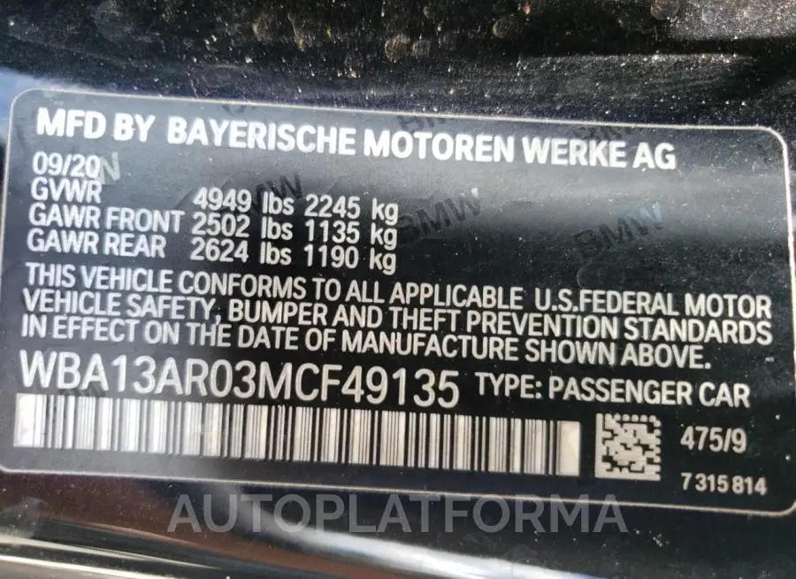 BMW M440XI 2021 vin WBA13AR03MCF49135 from auto auction Copart