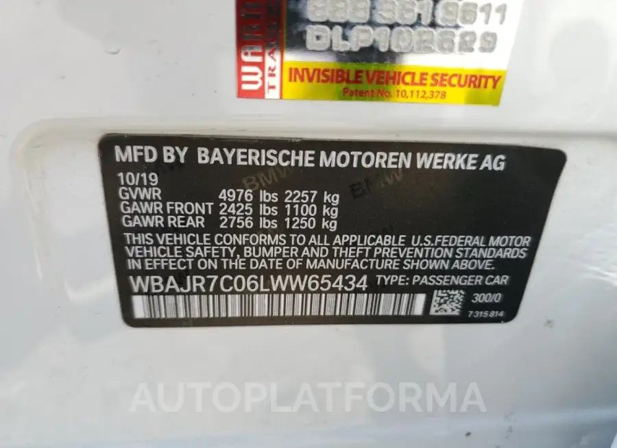 BMW 530 XI 2020 vin WBAJR7C06LWW65434 from auto auction Copart