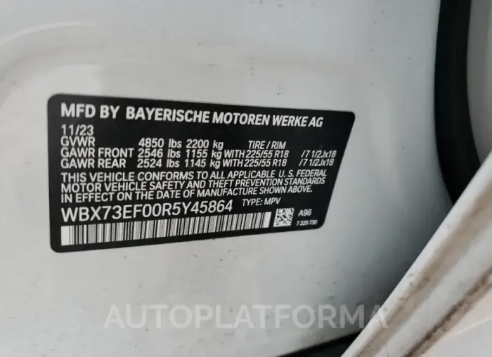 BMW X1 XDRIVE2 2024 vin WBX73EF00R5Y45864 from auto auction Copart