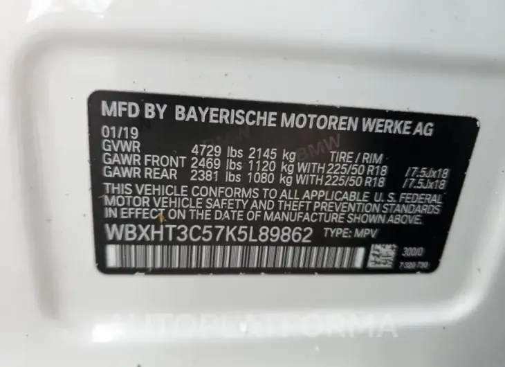 BMW X1 XDRIVE2 2019 vin WBXHT3C57K5L89862 from auto auction Copart