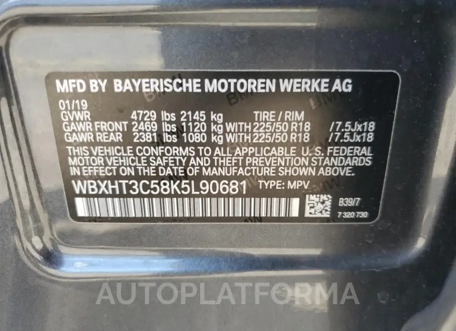 BMW X1 XDRIVE2 2019 vin WBXHT3C58K5L90681 from auto auction Copart