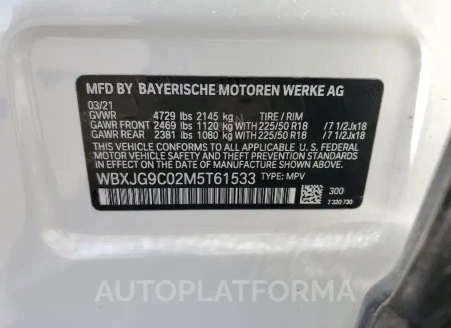 BMW X1 XDRIVE2 2021 vin WBXJG9C02M5T61533 from auto auction Copart