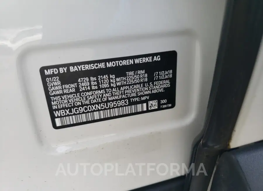 BMW X1 XDRIVE2 2022 vin WBXJG9C0XN5U95983 from auto auction Copart