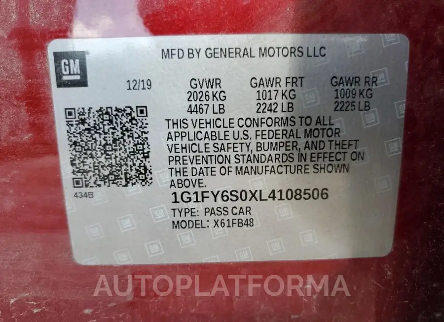 CHEVROLET BOLT EV LT 2020 vin 1G1FY6S0XL4108506 from auto auction Copart