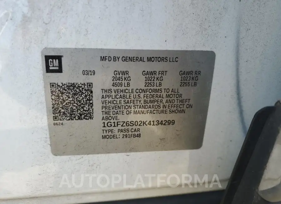 CHEVROLET BOLT EV PR 2019 vin 1G1FZ6S02K4134299 from auto auction Copart