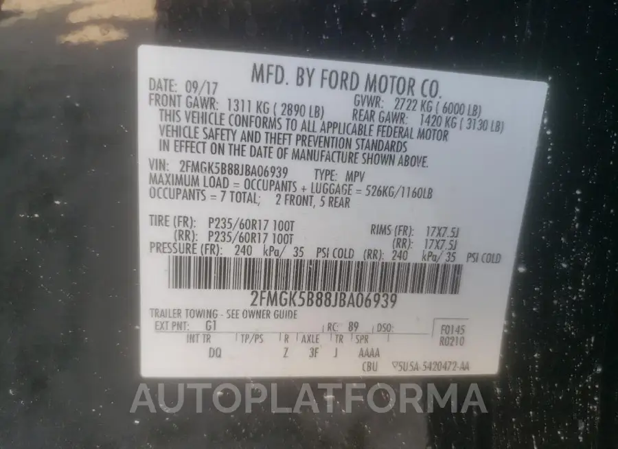 FORD FLEX SE 2018 vin 2FMGK5B88JBA06939 from auto auction Copart