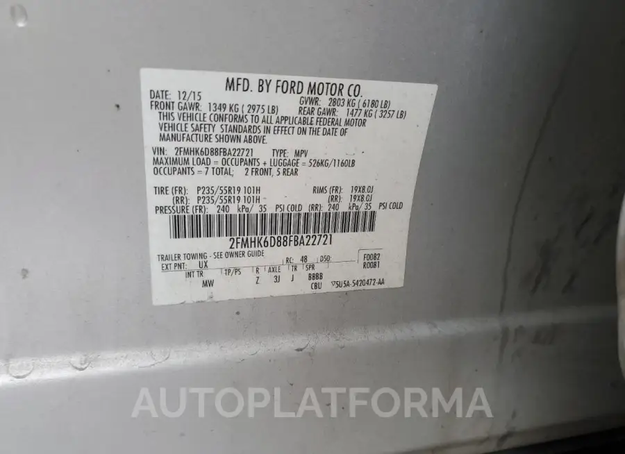 FORD FLEX LIMIT 2015 vin 2FMHK6D88FBA22721 from auto auction Copart