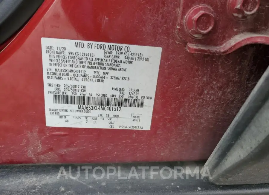 FORD ECOSPORT T 2021 vin MAJ6S3KL4MC401512 from auto auction Copart