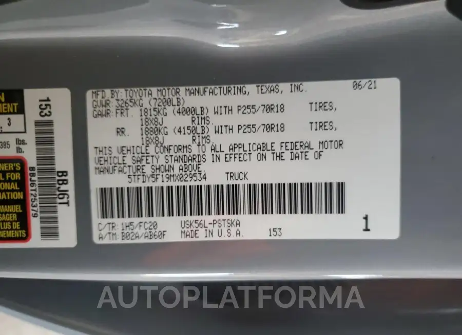 TOYOTA TUNDRA CRE 2021 vin 5TFDY5F19MX029534 from auto auction Copart