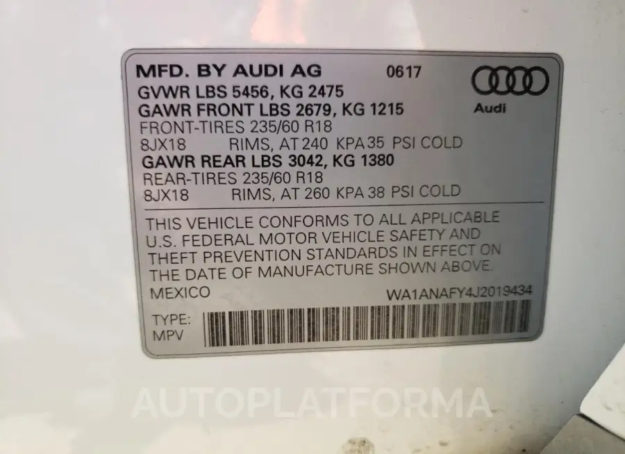 AUDI Q5 PREMIUM 2018 vin WA1ANAFY4J2019434 from auto auction Copart