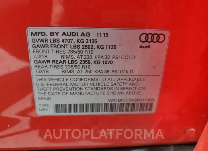 AUDI Q3 PREMIUM 2016 vin WA1BFCFS4GR011309 from auto auction Copart