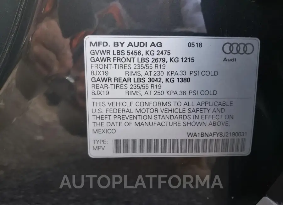 AUDI Q5 PREMIUM 2018 vin WA1BNAFY8J2190031 from auto auction Copart