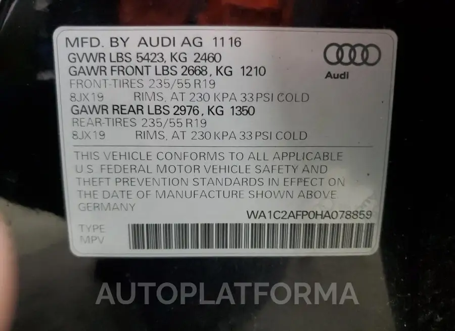 AUDI Q5 PREMIUM 2017 vin WA1C2AFP0HA078859 from auto auction Copart