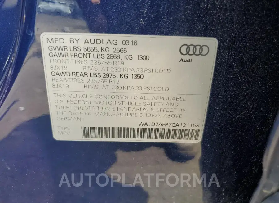 AUDI Q5 PREMIUM 2016 vin WA1D7AFP7GA121159 from auto auction Copart