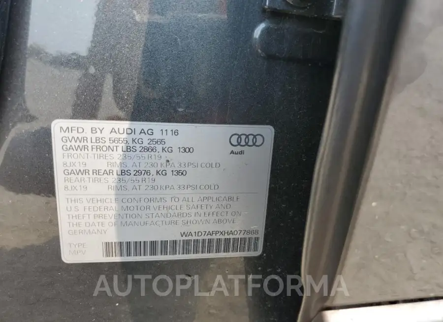 AUDI Q5 PREMIUM 2017 vin WA1D7AFPXHA077868 from auto auction Copart