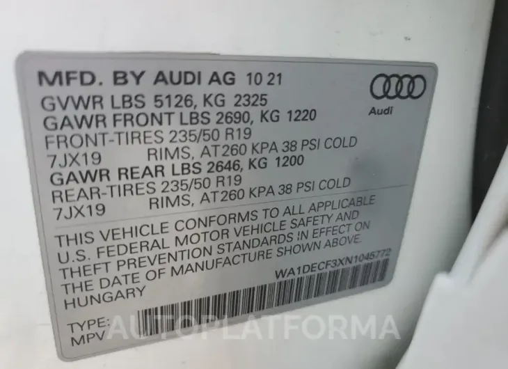 AUDI Q3 PREMIUM 2022 vin WA1DECF3XN1045772 from auto auction Copart