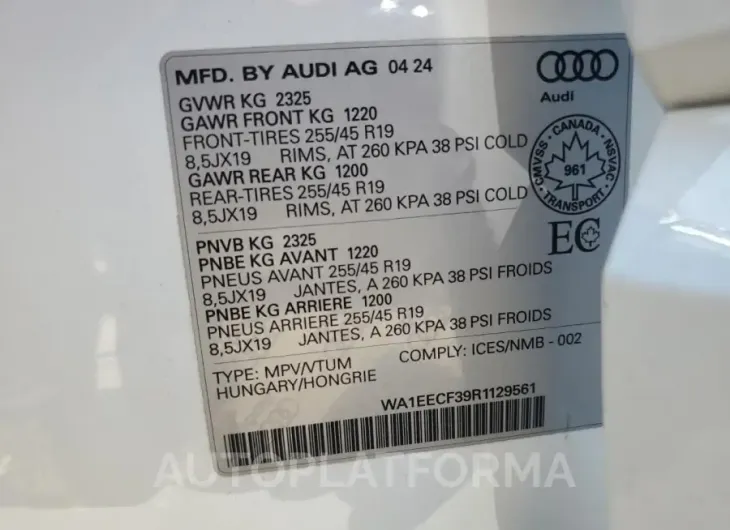 AUDI Q3 PREMIUM 2024 vin WA1EECF39R1129561 from auto auction Copart