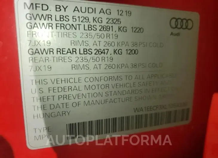 AUDI Q3 PREMIUM 2020 vin WA1EECF3XL1054330 from auto auction Copart