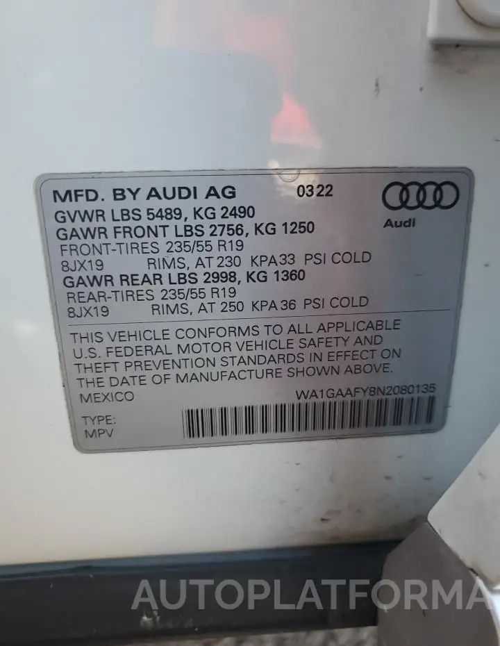 AUDI Q5 PREMIUM 2022 vin WA1GAAFY8N2080135 from auto auction Copart