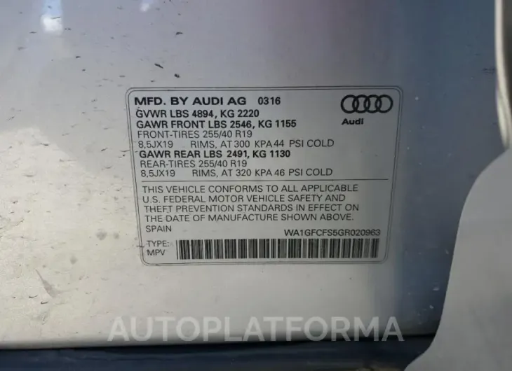 AUDI Q3 PRESTIG 2016 vin WA1GFCFS5GR020963 from auto auction Copart