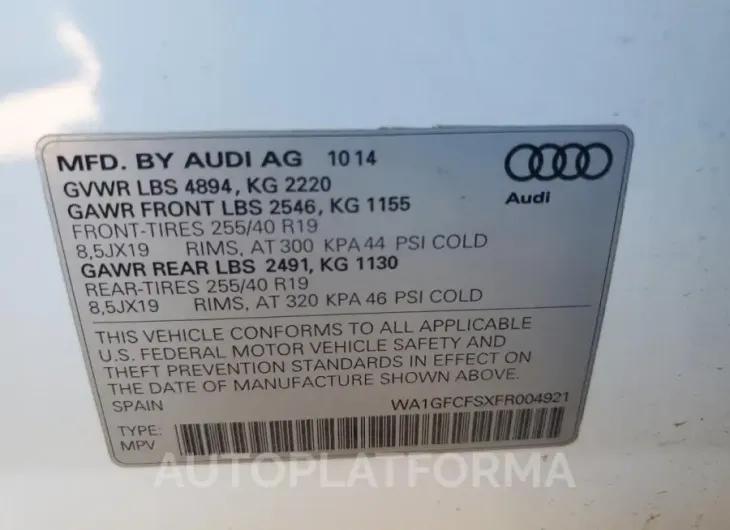 AUDI Q3 PRESTIG 2015 vin WA1GFCFSXFR004921 from auto auction Copart