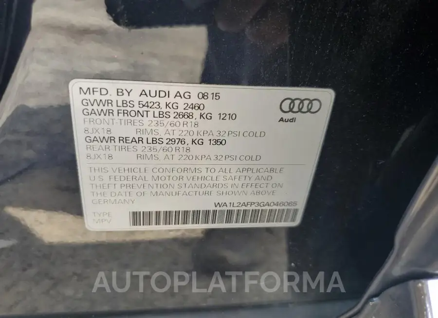 AUDI Q5 PREMIUM 2016 vin WA1L2AFP3GA046065 from auto auction Copart