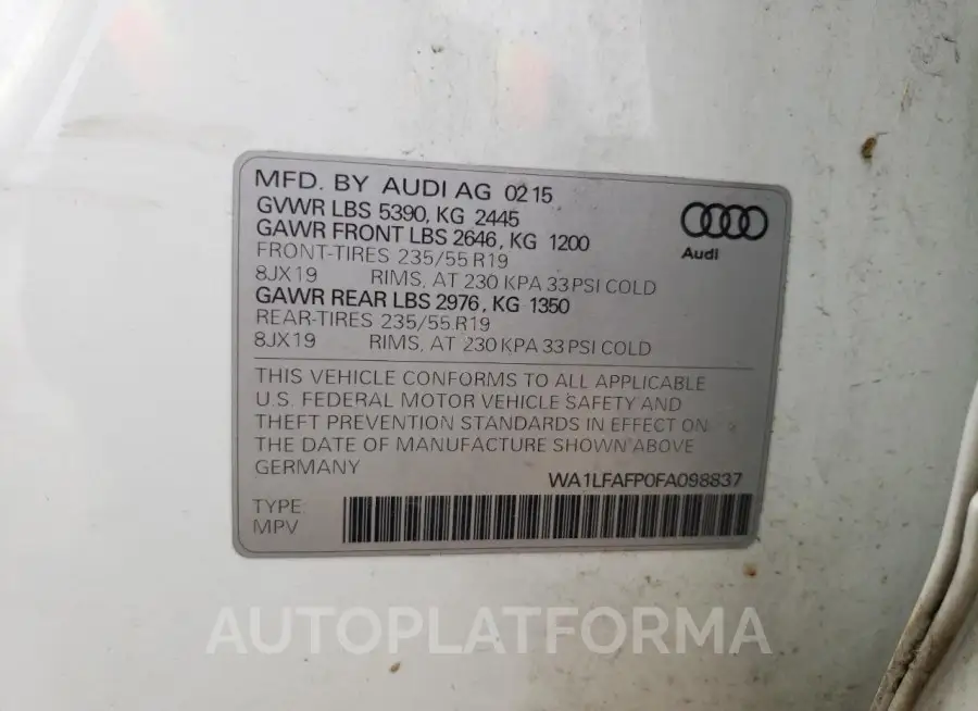 AUDI Q5 PREMIUM 2015 vin WA1LFAFP0FA098837 from auto auction Copart