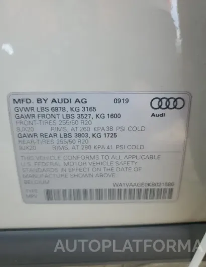 AUDI E-TRON PRE 2019 vin WA1VAAGE0KB021586 from auto auction Copart