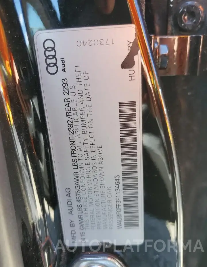 AUDI A3 PREMIUM 2015 vin WAUBFGFF3F1134643 from auto auction Copart