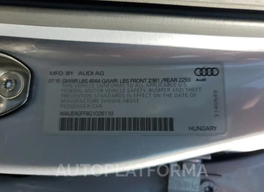 AUDI A3 PREMIUM 2016 vin WAUE8GFF8G1026110 from auto auction Copart