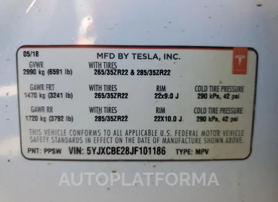 TESLA MODEL X 2018 vin 5YJXCBE28JF101186 from auto auction Copart