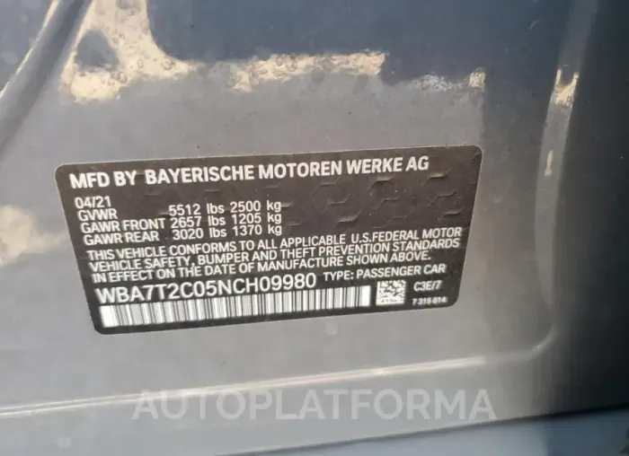 BMW 740 I 2022 vin WBA7T2C05NCH09980 from auto auction Copart