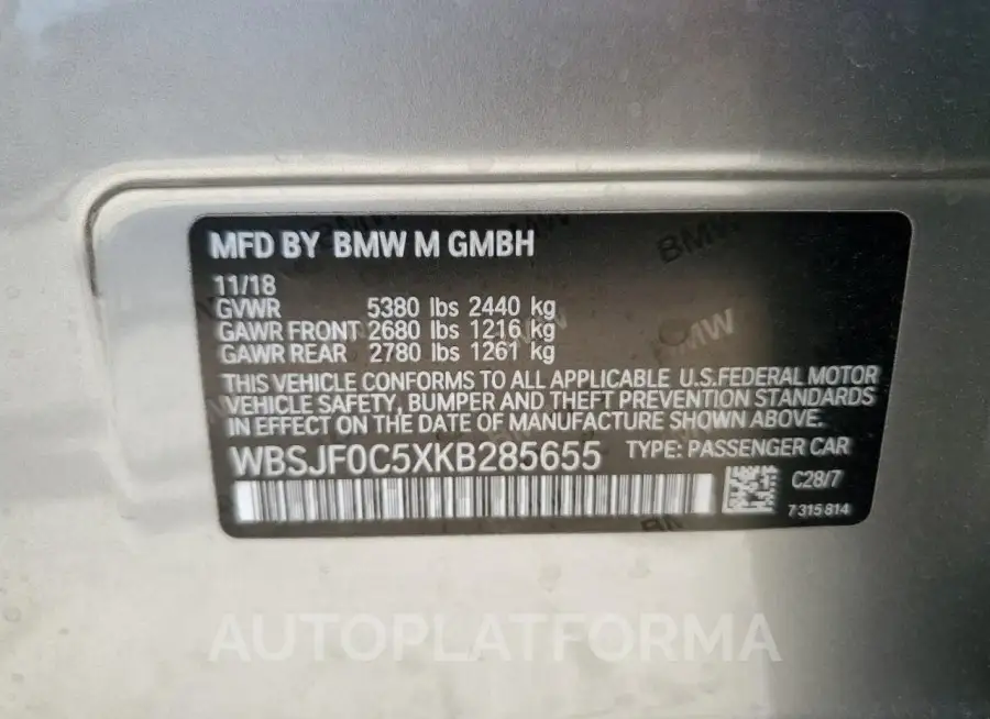 BMW M5 2019 vin WBSJF0C5XKB285655 from auto auction Copart